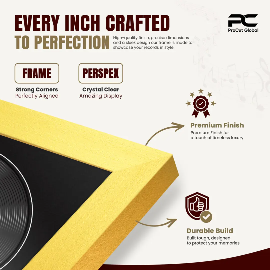 16x16" Modern Sleek Gold Vinyl Record Frame With Black Mount For 12" LP Discs | Contemporary Wall Display thumbnail 7