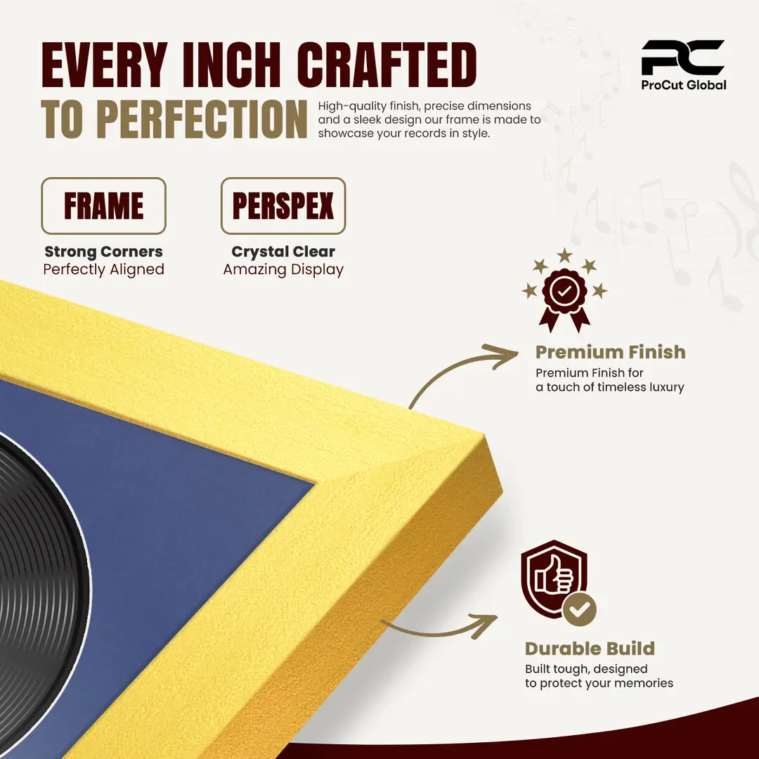 16x16" Modern Sleek Gold Vinyl Record Frame With Blue Mount For 12" LP Discs | Contemporary Wall Display thumbnail 7