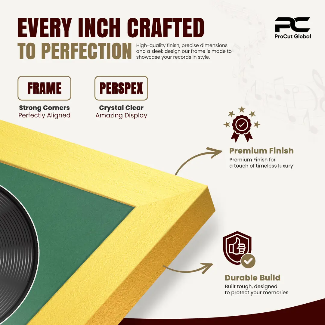 16x16" Modern Sleek Gold Vinyl Record Frame With Emerald (Green) Mount For 12" LP Discs | Elegant Frame For Music Lovers thumbnail 7