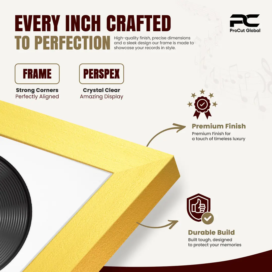 16x16" Modern Sleek Gold Vinyl Record Frame With Ice White Mount For 12" LP Discs | Premium Wall Frame For Music Enthusiasts thumbnail 7