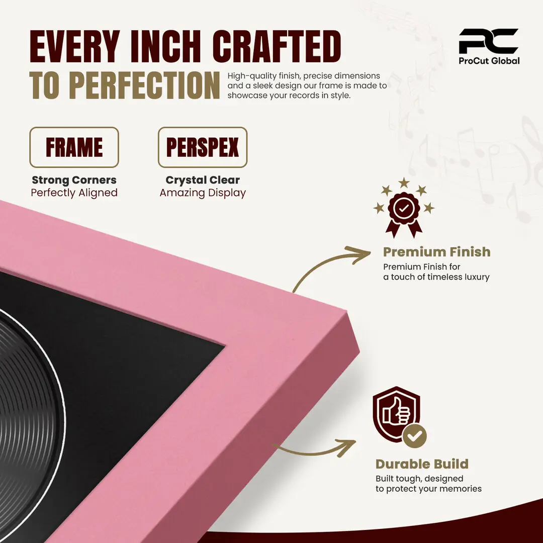 16x16" Modern Sleek Pastel Pink Vinyl Record Frame With Black Mount For 12" LP Discs | Contemporary Wall Display thumbnail 7