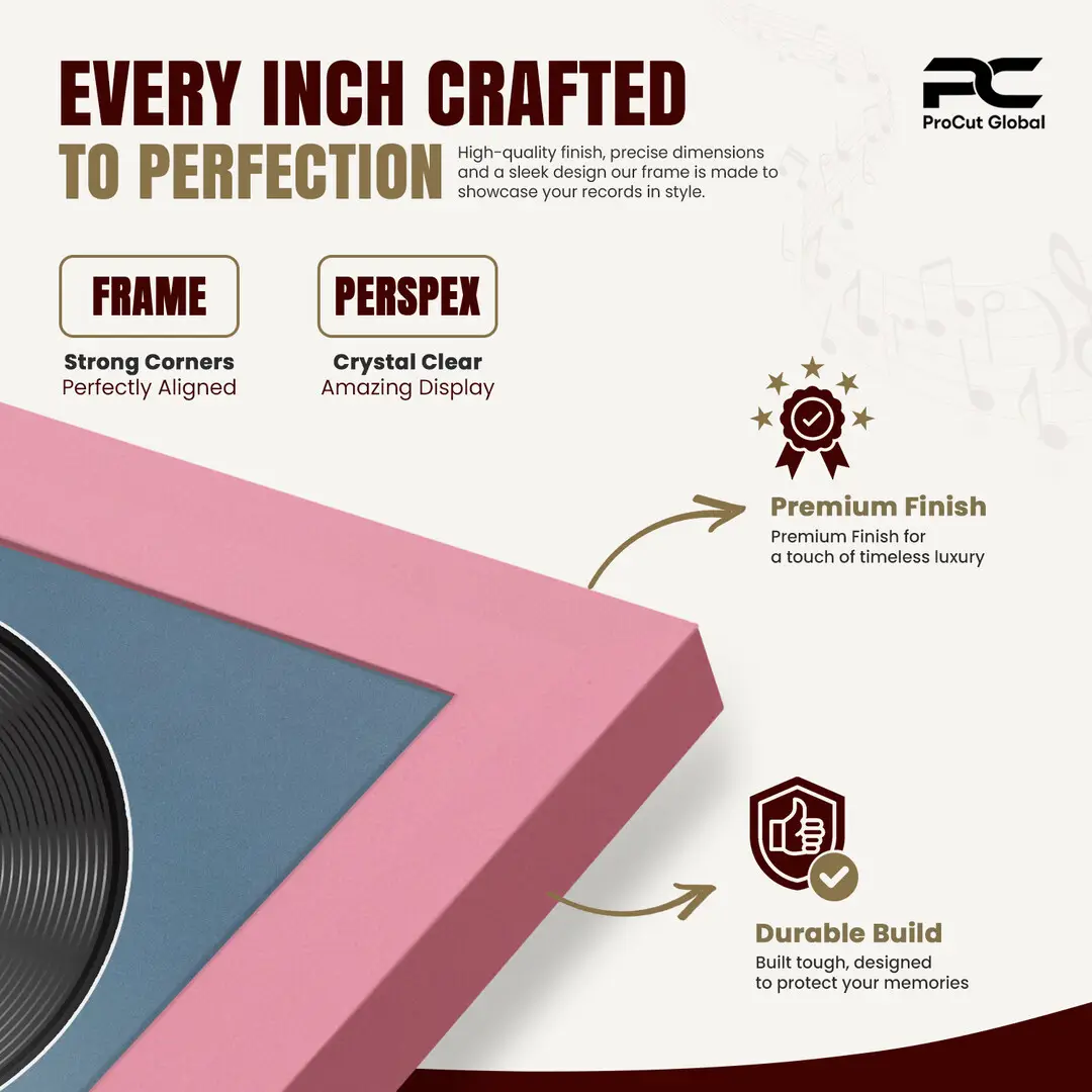 16x16" Modern Sleek Pastel Pink Vinyl Record Frame With Pompador Mount For 12" LP Discs | Premium Wall Frame For Music Enthusiasts thumbnail 7
