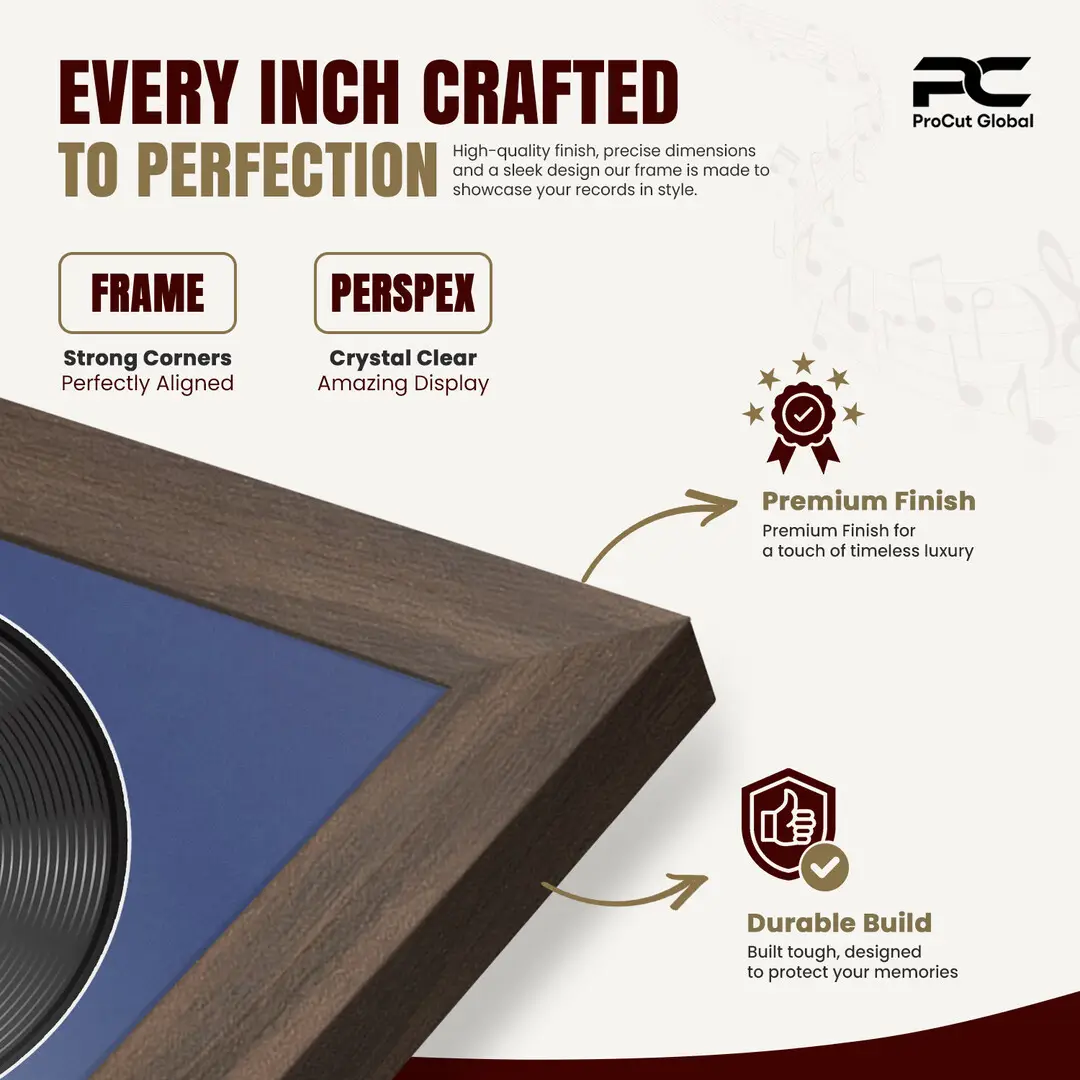 16x16" Modern Sleek Walnut Vinyl Record Frame With Blue Mount For 12" LP Discs | Elegant Frame For Music Lovers thumbnail 7