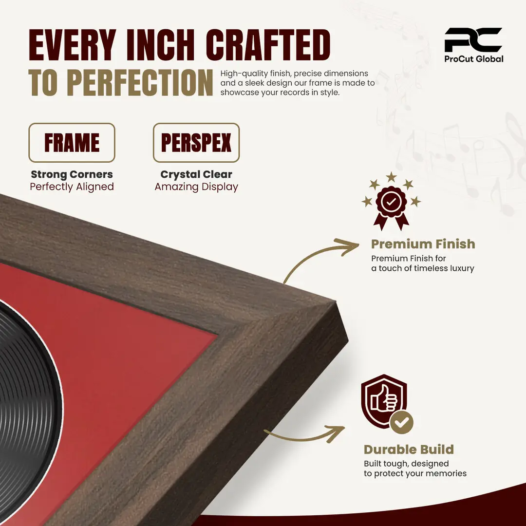 16x16" Modern Sleek Walnut Vinyl Record Frame With Crimson Mount For 12" LP Discs | Premium Wall Frame For Music Enthusiasts thumbnail 7