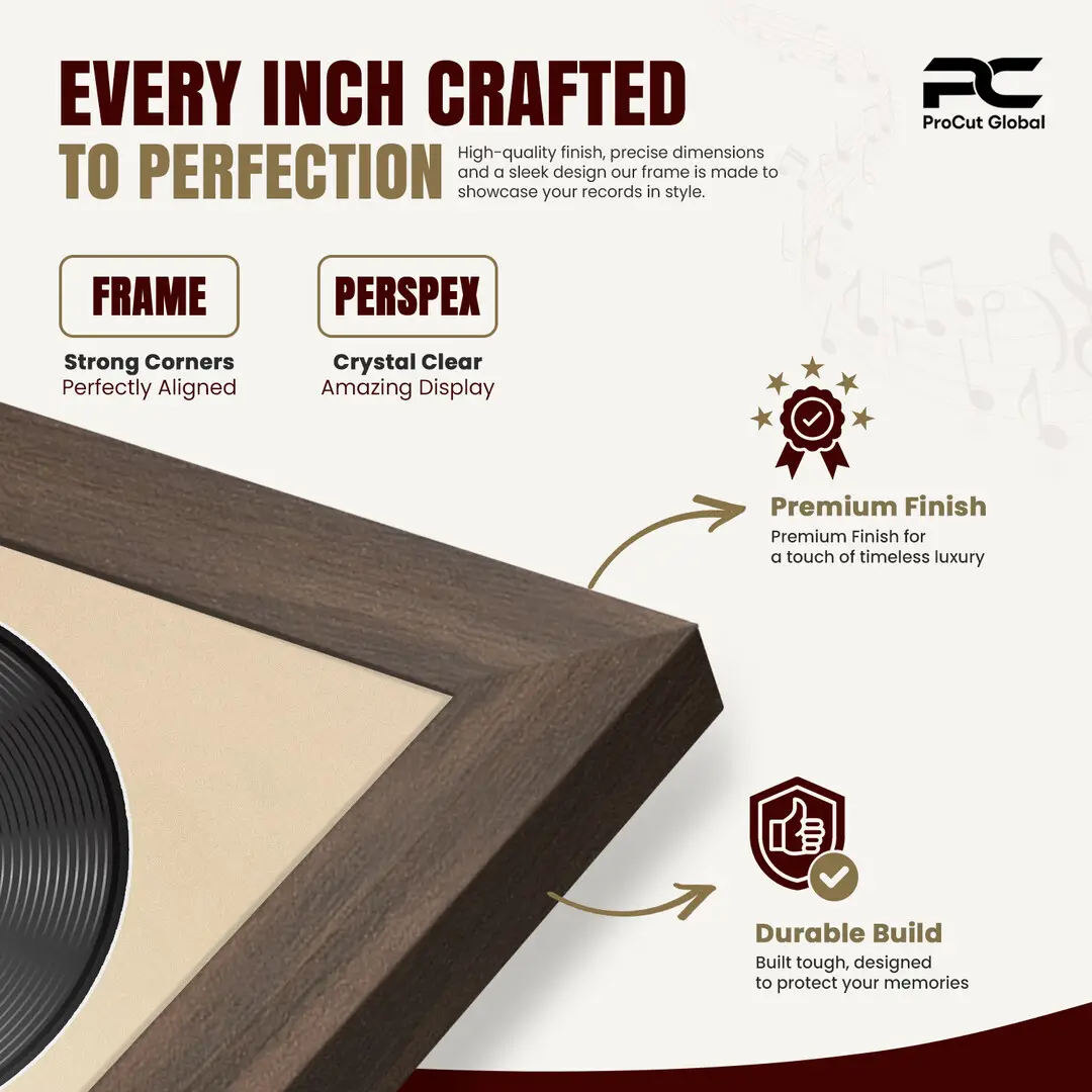 16x16" Modern Sleek Walnut Vinyl Record Frame With Black Mount For 12" LP Discs | Contemporary Wall Display thumbnail 7