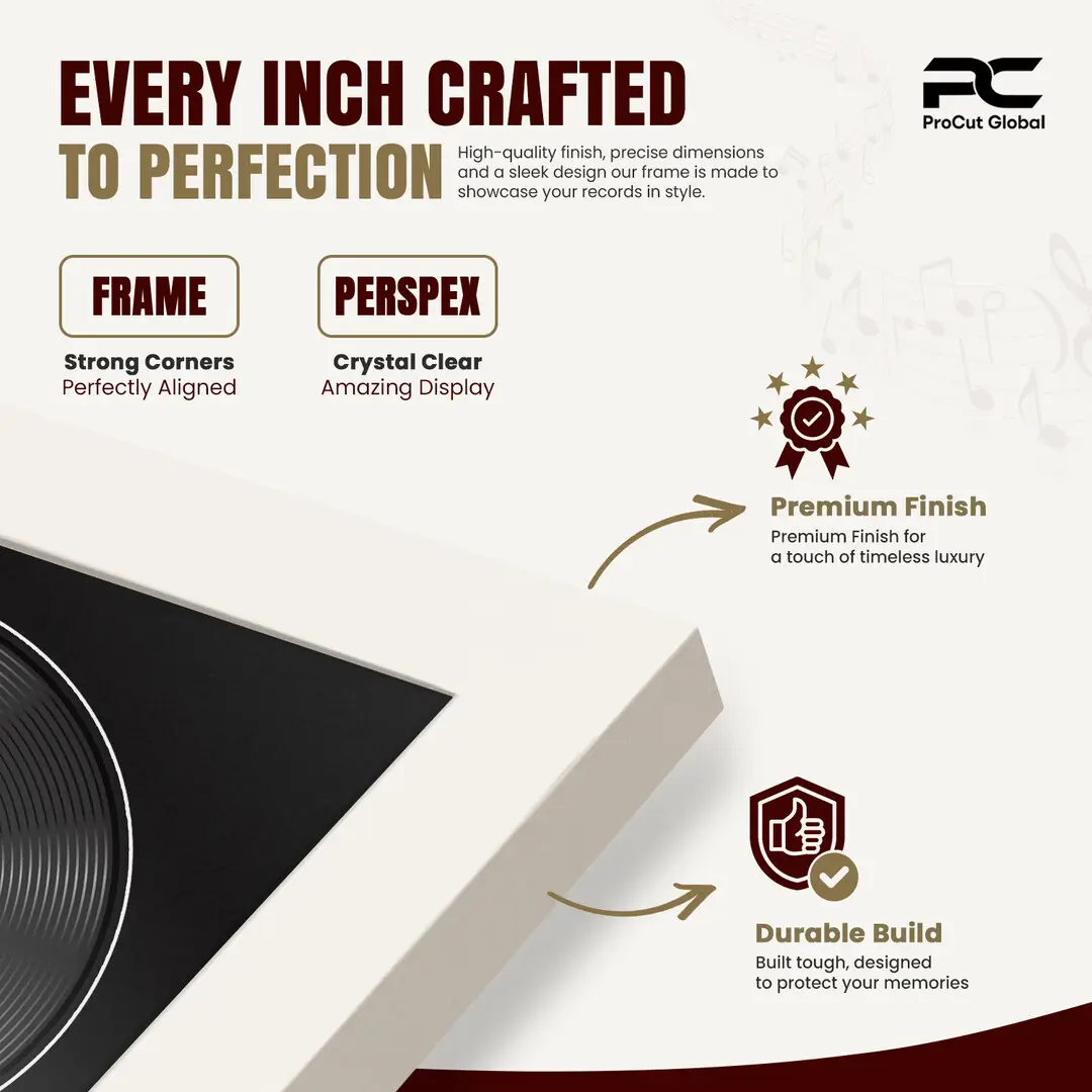 16x16" Modern Sleek White Vinyl Record Frame With Black Mount For 12" LP Discs | Premium Wall Frame For Music Enthusiasts thumbnail 7