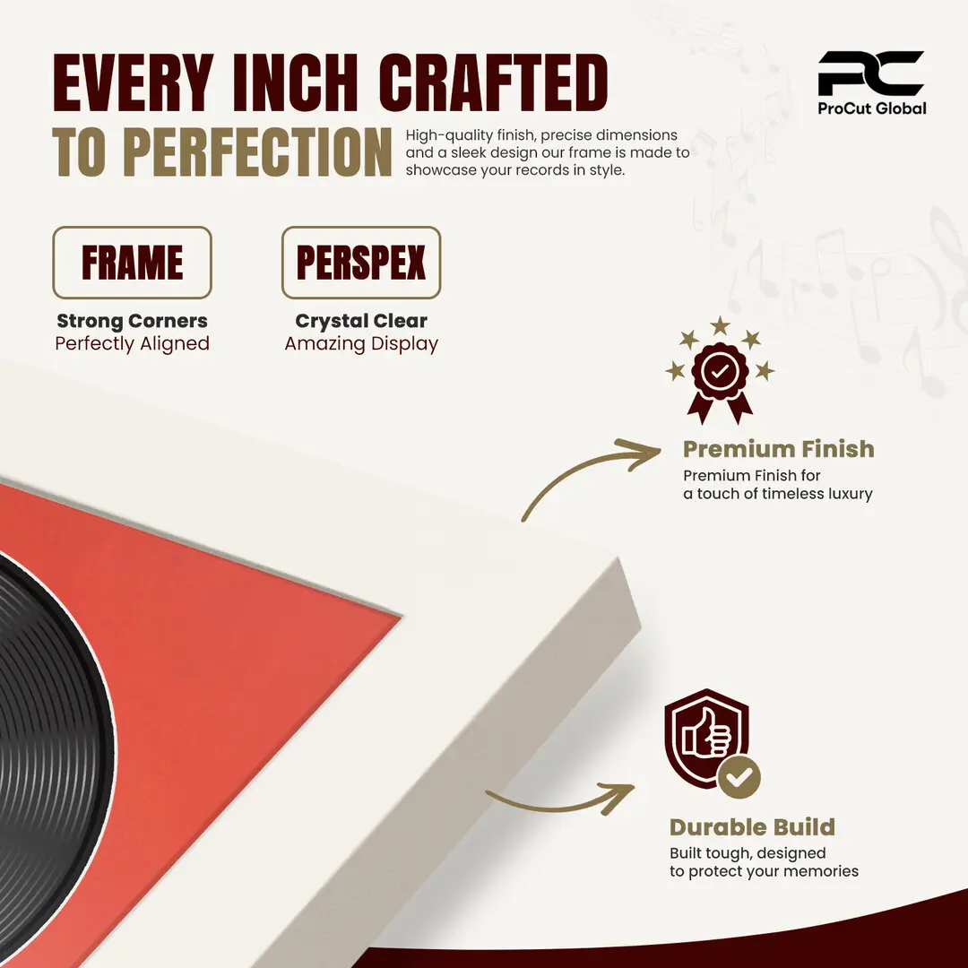 16x16" Modern Sleek White Vinyl Record Frame With Black Mount For 12" LP Discs | Premium Wall Frame For Music Enthusiasts thumbnail 7