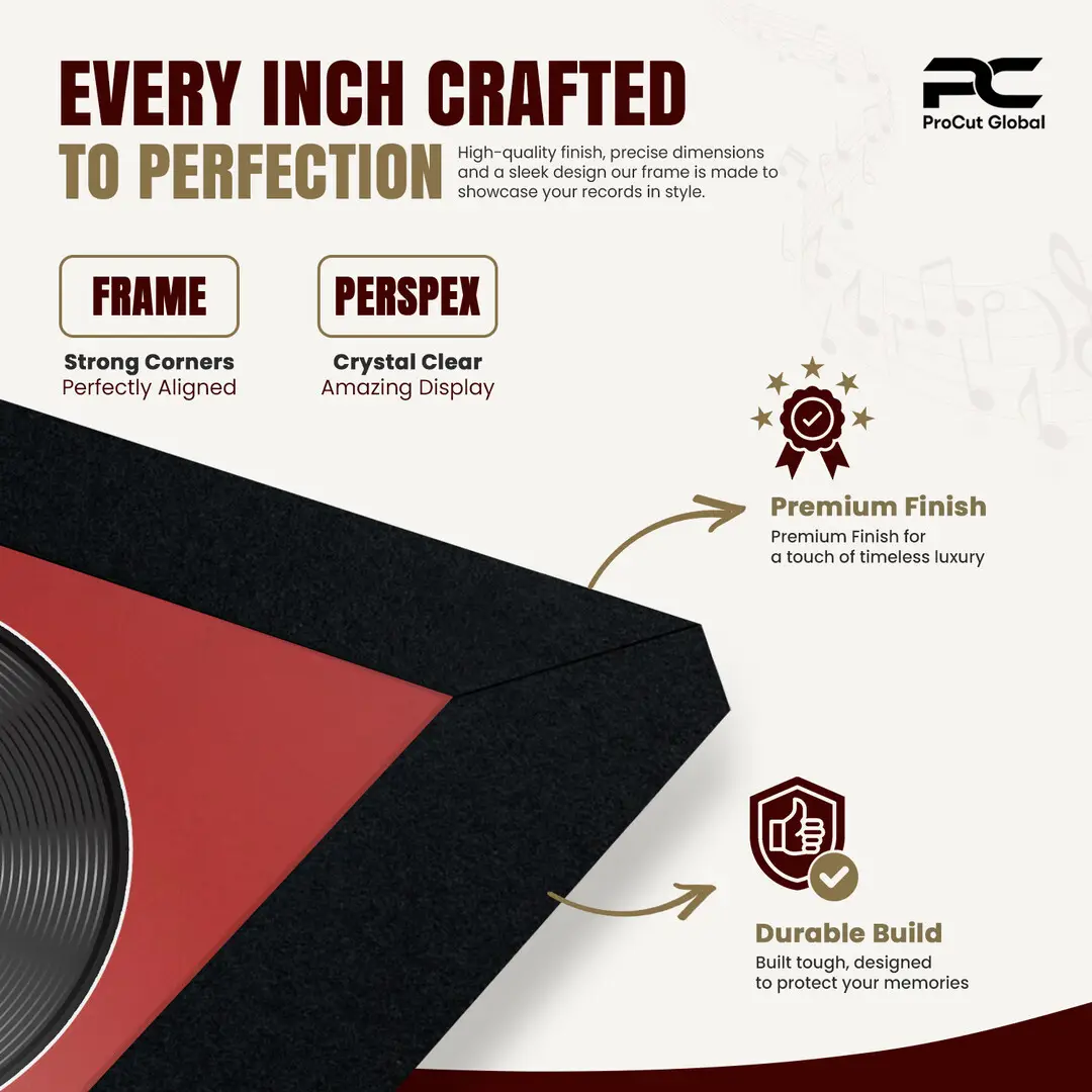25x17" Modern Sleek Black Vinyl Record Frame For 12 Inch LP Cover & Disc (Overlapped) With Crimson Mount | Elegant Music Display thumbnail 7