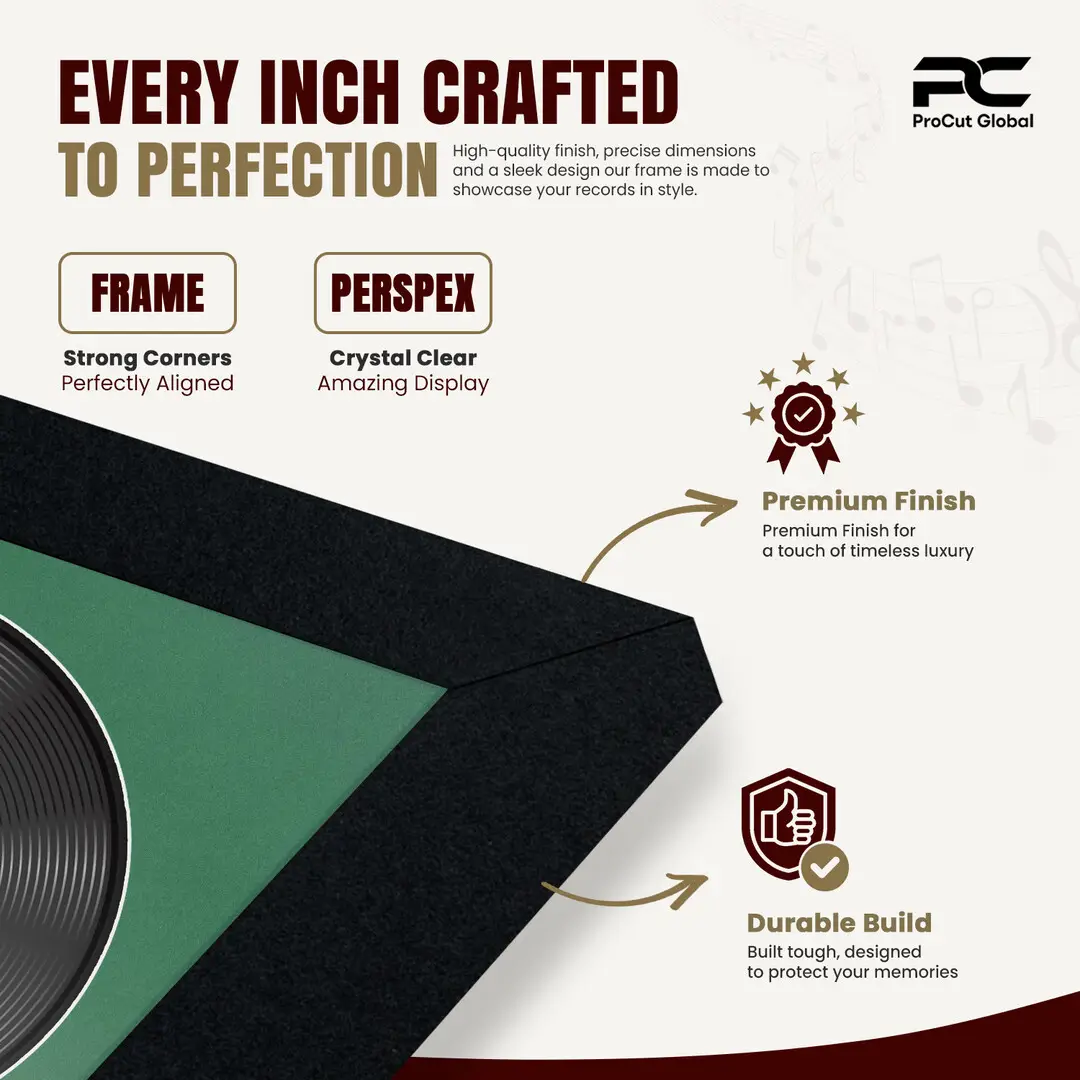 25x17" Modern Sleek Black Vinyl Record Frame For LP Cover & Disc With Emerald (Green) Mount | Overlapped Display thumbnail 7
