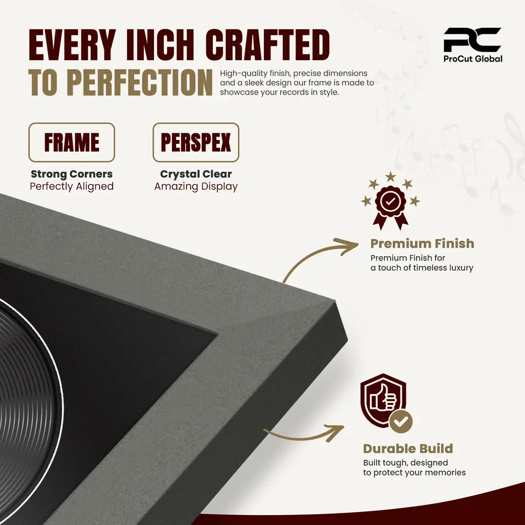 25x17" Modern Sleek Dark Grey Vinyl Record Frame For 12 Inch LP Cover & Disc (Overlapped) With Black Mount | Elegant Music Display thumbnail 7