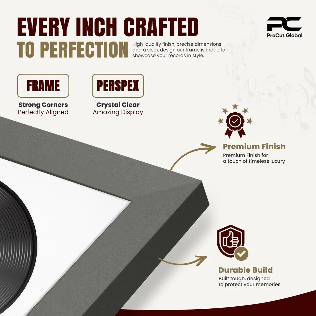 25x17" Modern Sleek Dark Grey Vinyl Record Frame For 12 Inch LP Cover & Disc (Overlapped) With Ice White Mount | Elegant Music Display thumbnail 7