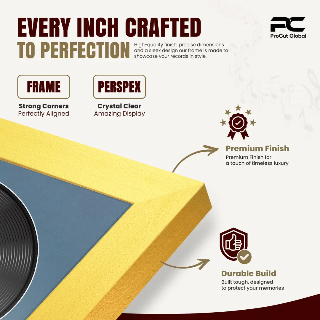 25x17" Modern Sleek Gold Vinyl Record Frame For 12 Inch LP Cover & Disc (Overlapped) With Pompador Mount | Elegant Music Display thumbnail 7