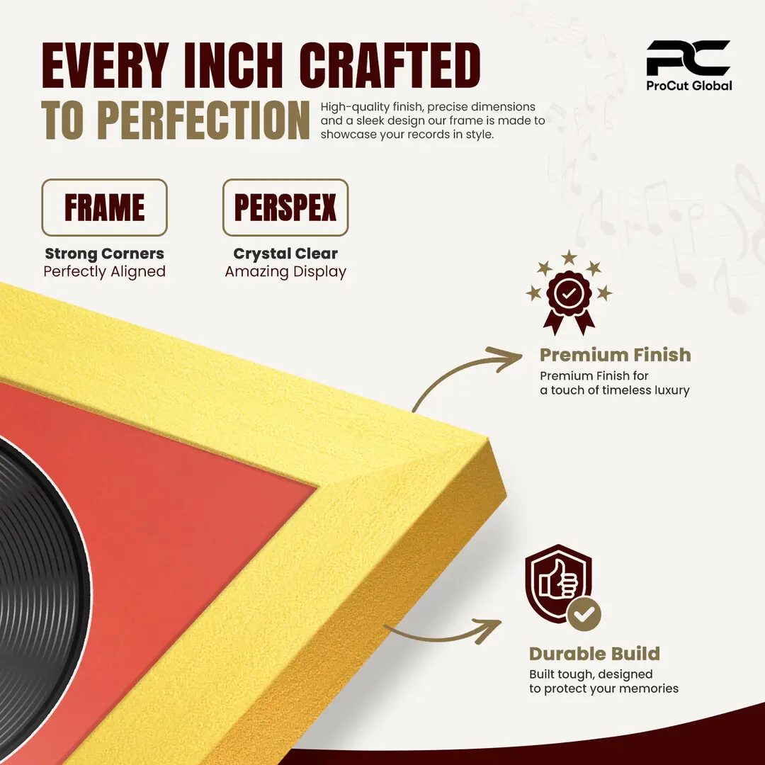 25x17" Modern Sleek Gold Vinyl Record Frame For LP Cover & Disc With Poppy Red Mount | Overlapped Display thumbnail 7