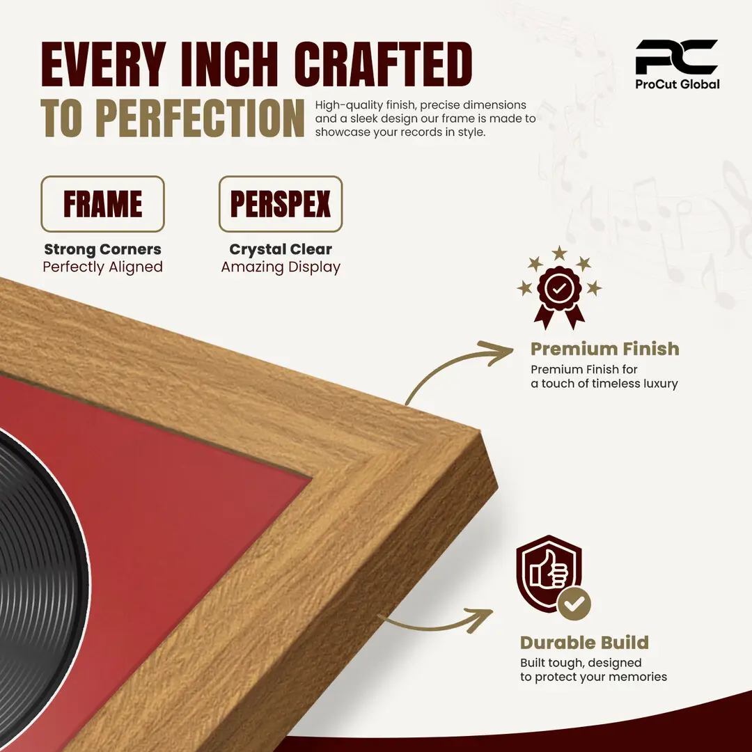 25x17" Modern Sleek Oak Vinyl Record Frame For 12 Inch LP Cover & Disc With Crimson Mount | Overlapped Vinyl Display thumbnail 7