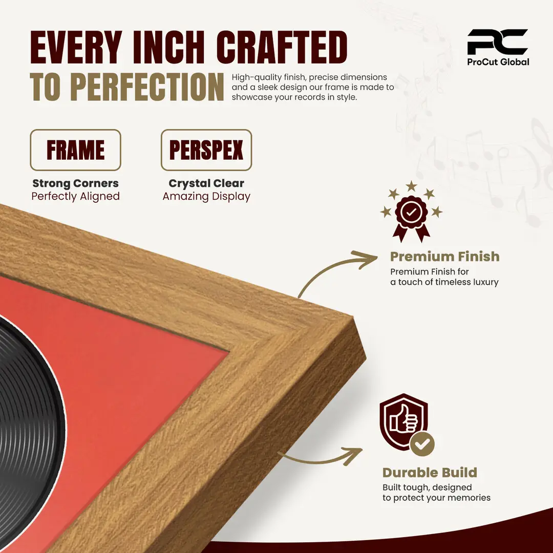 25x17" Modern Sleek Oak Vinyl Record Frame For 12 Inch LP Cover & Disc (Overlapped) With Poppy Red Mount | Elegant Music Display thumbnail 7