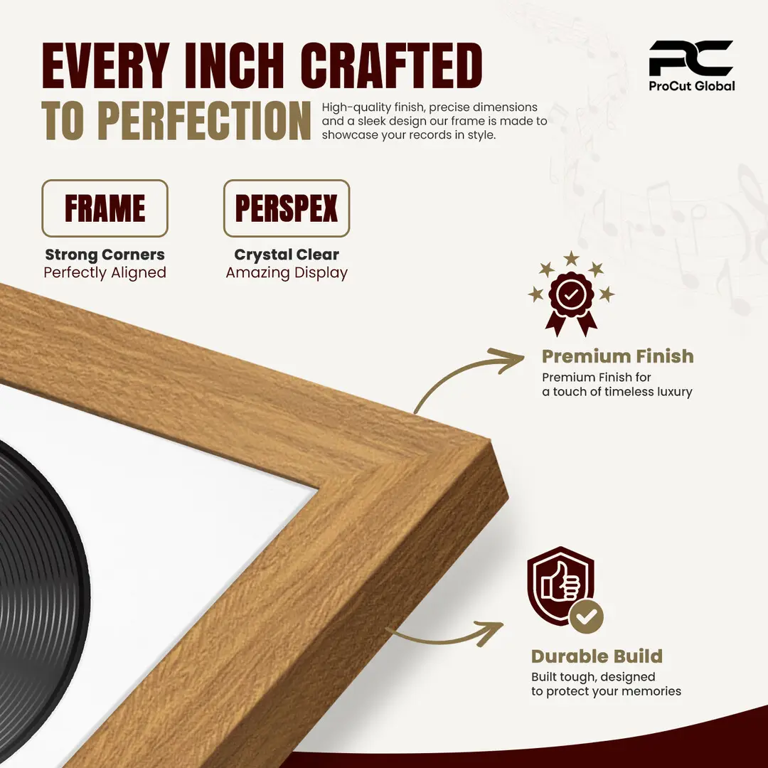 25x17" Modern Sleek Oak Vinyl Record Frame For 12 Inch LP Cover & Disc (Overlapped) With Ice White Mount | Elegant Music Display thumbnail 7