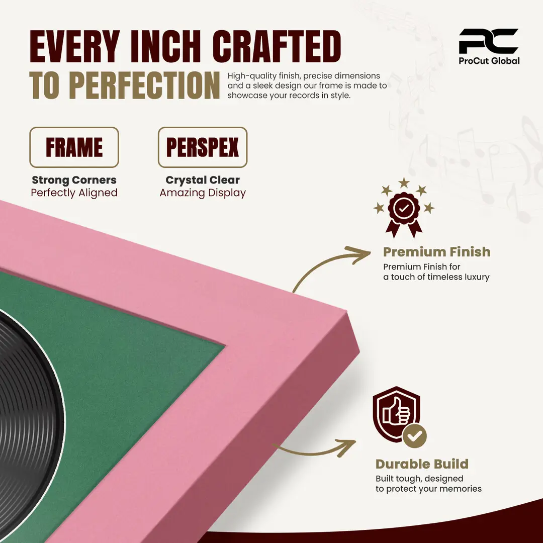 25x17" Modern Sleek Pastel Pink Vinyl Record Frame For 12 Inch LP Cover & Disc With Emerald (Green) Mount | Overlapped Vinyl Display thumbnail 7