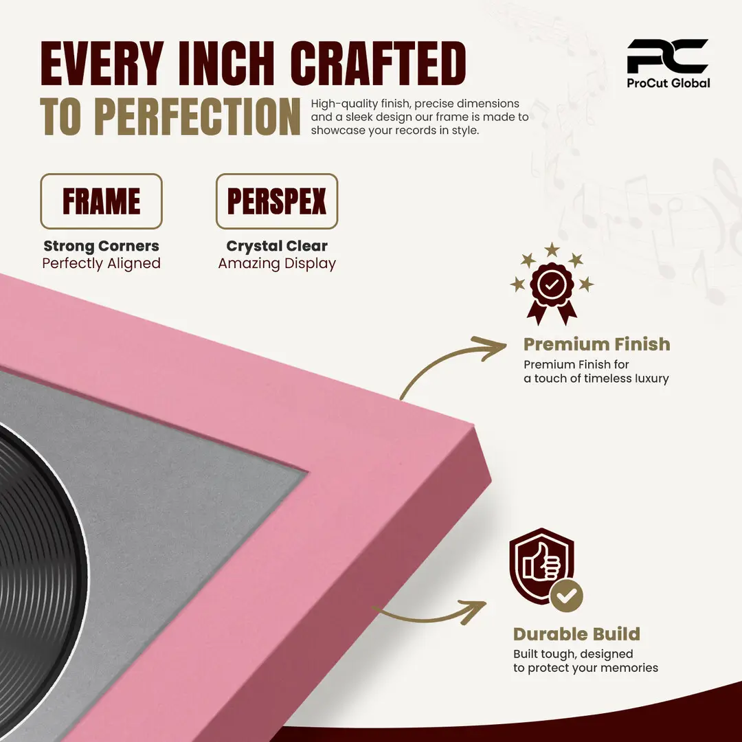 25x17" Modern Sleek Pastel Pink Vinyl Record Frame For 12 Inch LP Cover & Disc (Overlapped) With Mid Grey Mount | Elegant Music Display thumbnail 7
