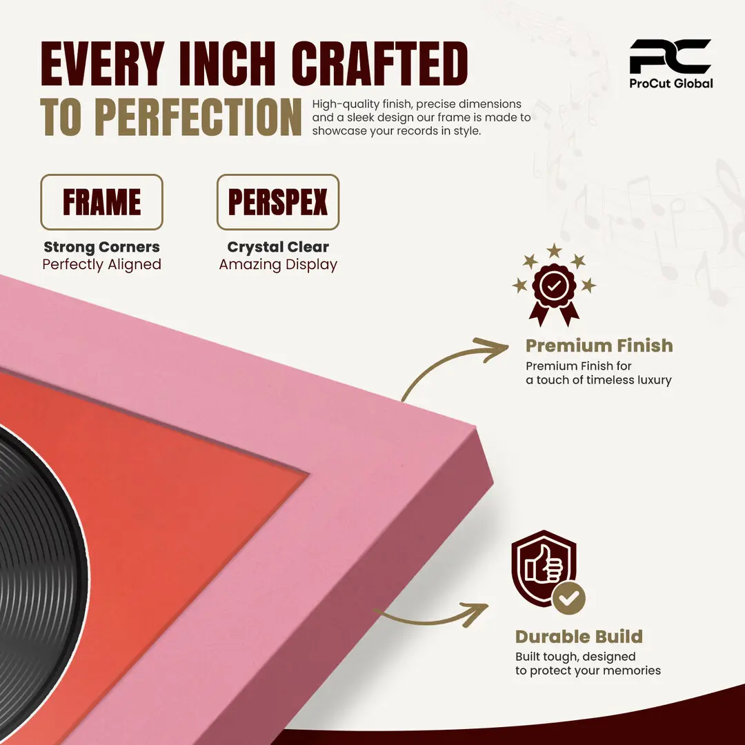 25x17" Modern Sleek Pastel Pink Vinyl Record Frame For 12 Inch LP Cover & Disc With Poppy Red Mount | Overlapped Vinyl Display thumbnail 7
