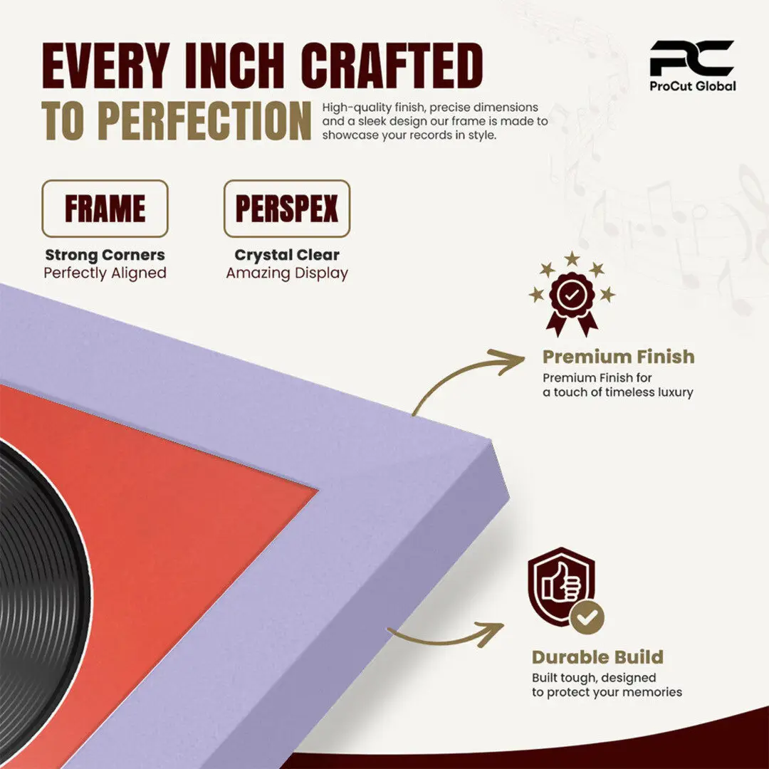 25x17" Modern Sleek Purple Vinyl Record Frame For LP Cover & Disc With Poppy Red Mount | Overlapped Display thumbnail 7