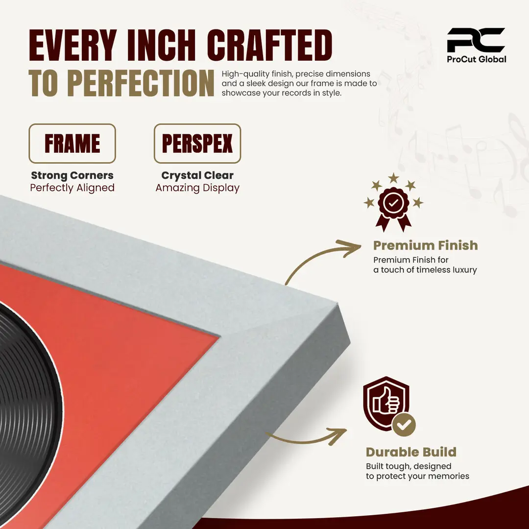 25x17" Modern Sleek Silver Vinyl Record Frame For 12 Inch LP Cover & Disc (Overlapped) With Poppy Red Mount | Elegant Music Display thumbnail 7