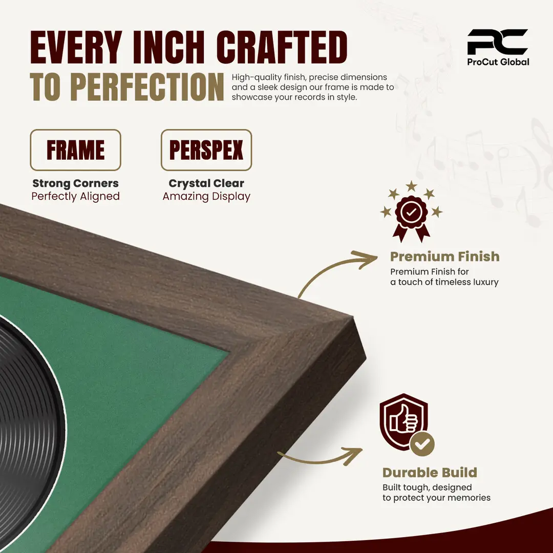 25x17" Modern Sleek Walnut Vinyl Record Frame For 12 Inch LP Cover & Disc (Overlapped) With Emerald (Green) Mount | Elegant Music Display thumbnail 7