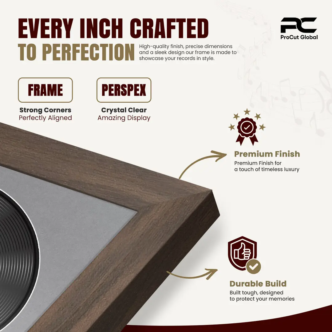 25x17" Modern Sleek Walnut Vinyl Record Frame For LP Cover & Disc With Mid Grey Mount | Overlapped Display thumbnail 7
