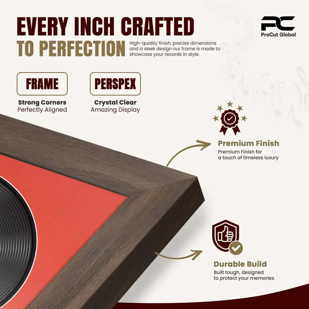 25x17" Modern Sleek Walnut Vinyl Record Frame For 12 Inch LP Cover & Disc (Overlapped) With Poppy Red Mount | Elegant Music Display thumbnail 7