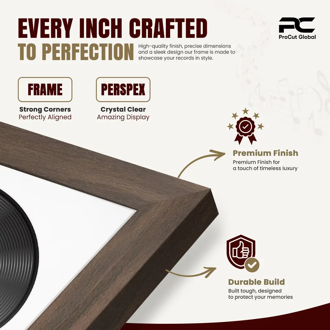 25x17" Modern Sleek Walnut Vinyl Record Frame For 12 Inch LP Cover & Disc (Overlapped) With Ice White Mount | Elegant Music Display thumbnail 7