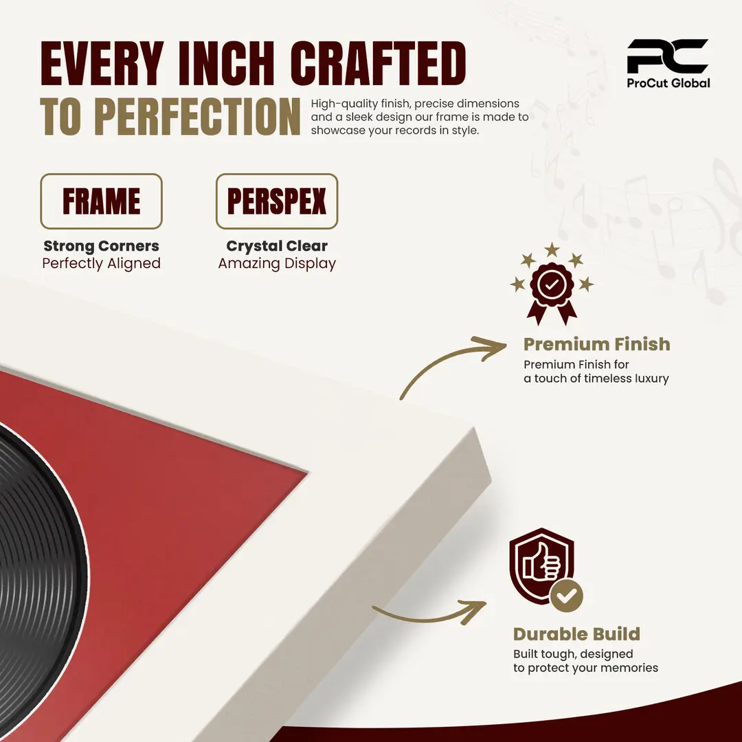 25x17" Modern Sleek White Vinyl Record Frame For LP Cover & Disc With Crimson Mount | Overlapped Display thumbnail 7