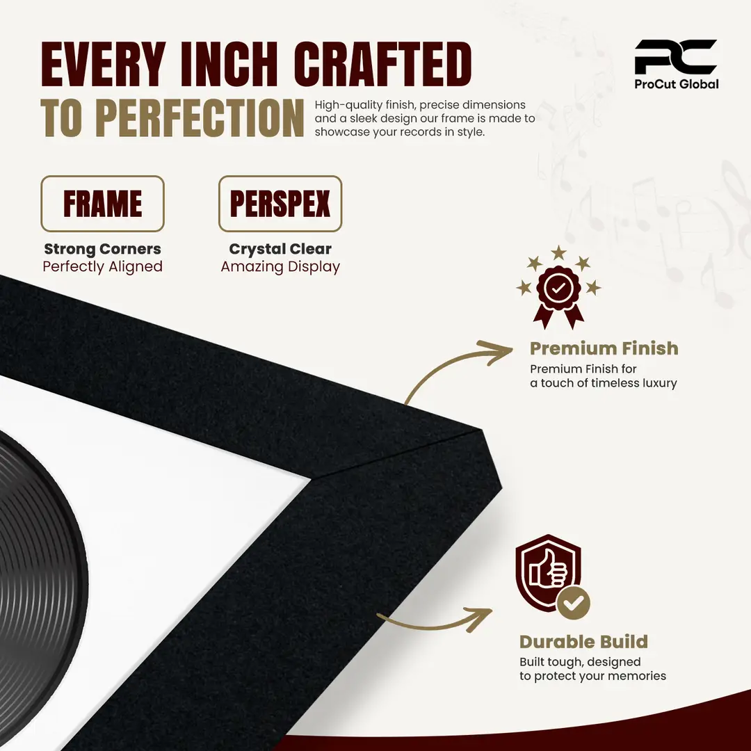 30x17" Modern Sleek Black Vinyl Record Frame With Ice White Mount | Side by Side 12" LP Cover & Disc Display thumbnail 7
