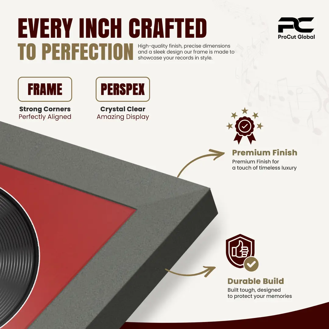 30x17" Modern Sleek Dark Grey Vinyl Record Frame With Crimson Mount | For 12" LP Cover and Disc Side By Side Display thumbnail 7