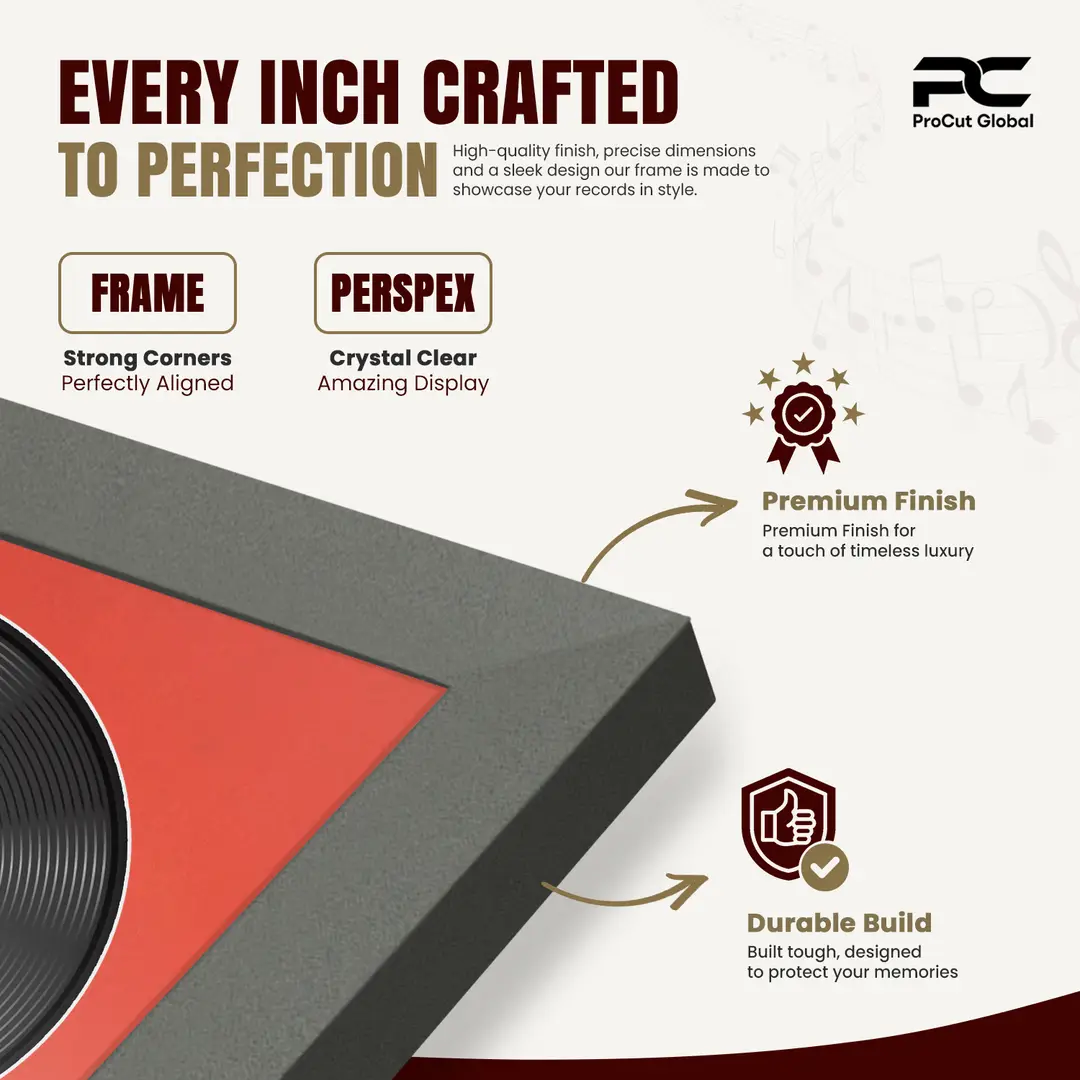 30x17" Modern Sleek Dark Grey Vinyl Record Frame With Poppy Red Mount | Displays 12" LP Cover & Disc Side by Side thumbnail 7