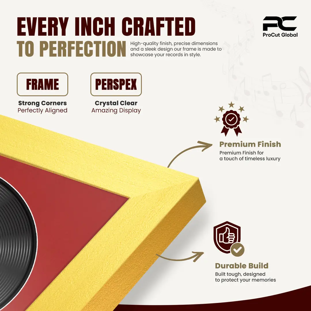 30x17" Modern Sleek Gold Vinyl Record Frame With Crimson Mount | Displays 12" LP Cover & Disc Side by Side thumbnail 7