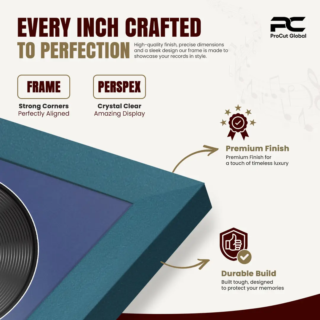 30x17" Modern Sleek Navy Blue Vinyl Record Frame With Blue Mount | Side by Side 12" LP Cover & Disc Display thumbnail 7