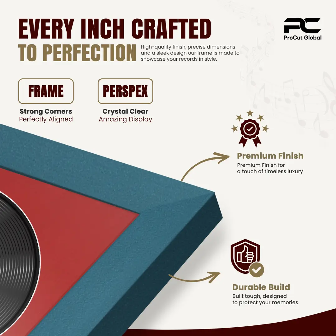 30x17" Modern Sleek Navy Blue Vinyl Record Frame With Crimson Mount | For 12" LP Cover and Disc Side By Side Display thumbnail 7