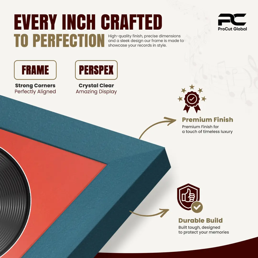30x17" Modern Sleek Navy Blue Vinyl Record Frame With Poppy Red Mount | Displays 12" LP Cover & Disc Side by Side thumbnail 7