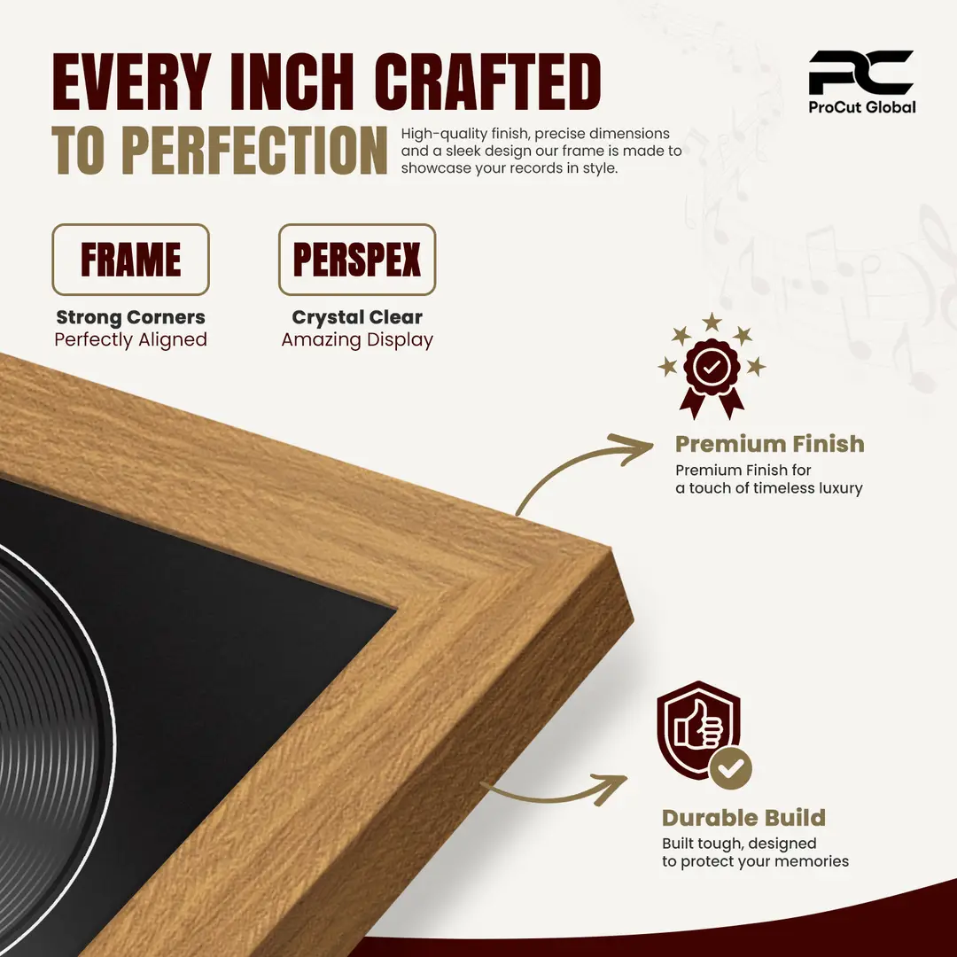 30x17" Modern Sleek Oak Vinyl Record Frame With Poppy Red Mount | Side by Side 12" LP Cover & Disc Display thumbnail 7