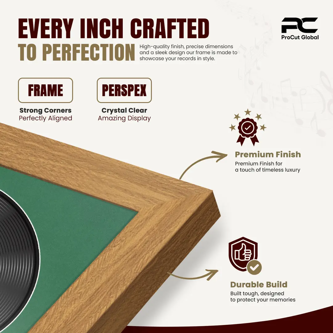 30x17" Modern Sleek Oak Vinyl Record Frame With Emerald (Green) Mount | Displays 12" LP Cover & Disc Side by Side thumbnail 7