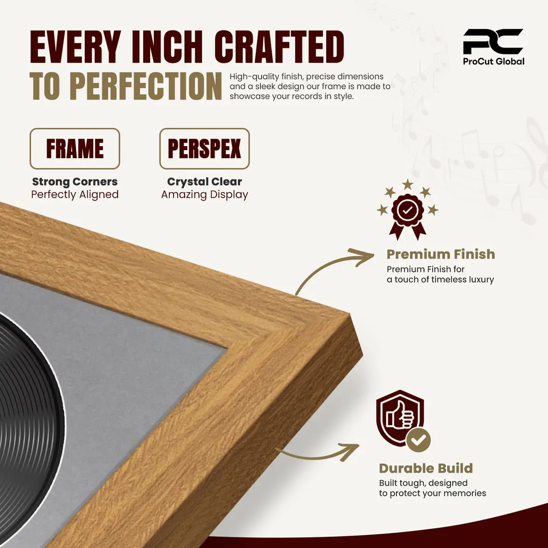 30x17" Modern Sleek Oak Vinyl Record Frame With Mid Grey Mount | For 12" LP Cover and Disc Side By Side Display thumbnail 7