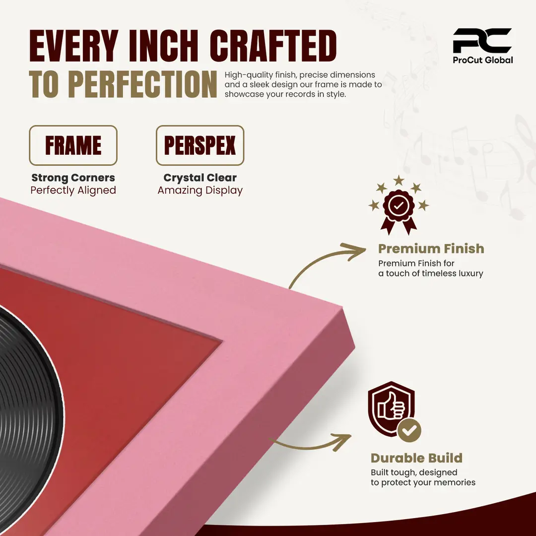 30x17" Modern Sleek Pastel Pink Vinyl Record Frame With Crimson Mount | For 12" LP Cover and Disc Side By Side Display thumbnail 7