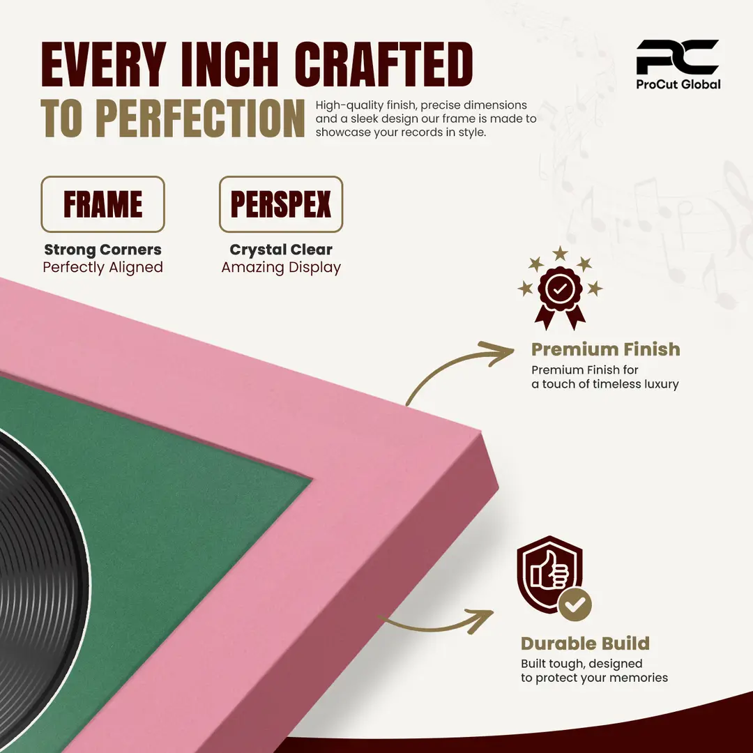 30x17" Modern Sleek Pastel Pink Vinyl Record Frame With Emerald (Green) Mount | For 12" LP Cover and Disc Side By Side Display thumbnail 7