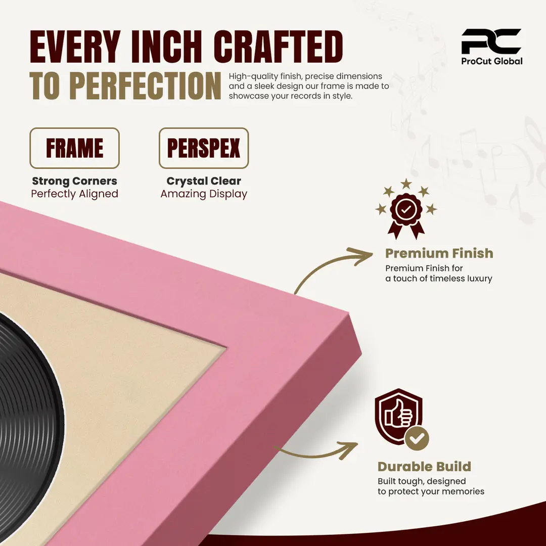 30x17" Modern Sleek Pastel Pink Vinyl Record Frame With Ivory Mount | Displays 12" LP Cover & Disc Side by Side thumbnail 7