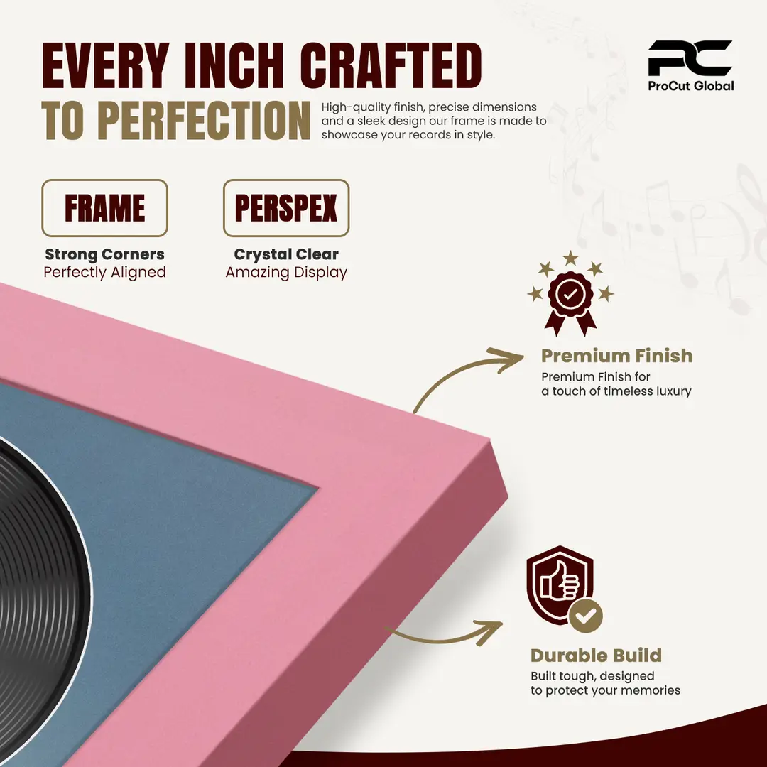 30x17" Modern Sleek Pastel Pink Vinyl Record Frame With Pompador Mount | Displays 12" LP Cover & Disc Side by Side thumbnail 7