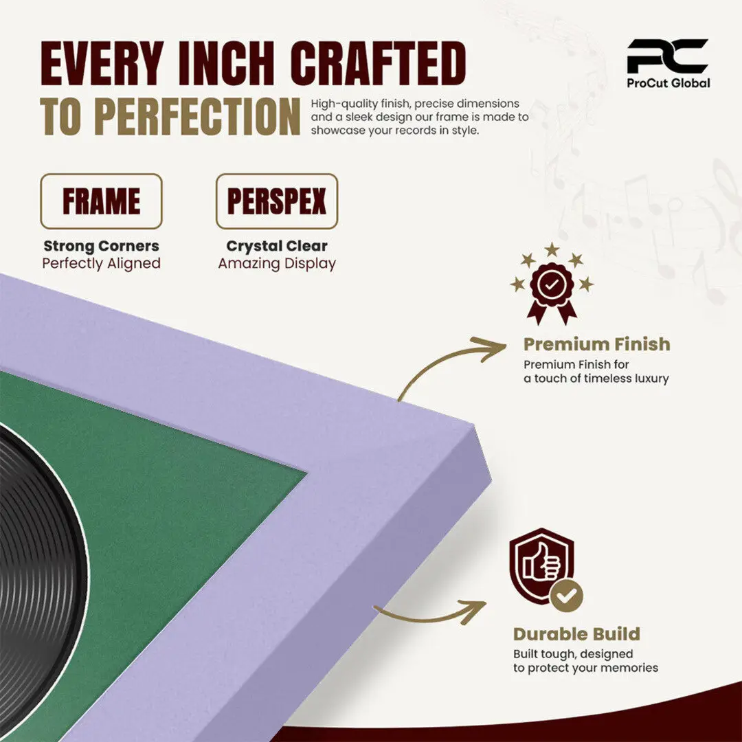 30x17" Modern Sleek Purple Vinyl Record Frame With Emerald (Green) Mount | Side by Side 12" LP Cover & Disc Display thumbnail 7