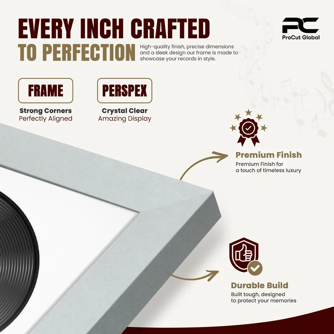 30x17" Modern Sleek Silver Vinyl Record Frame With Ice White Mount | For 12" LP Cover and Disc Side By Side Display thumbnail 7
