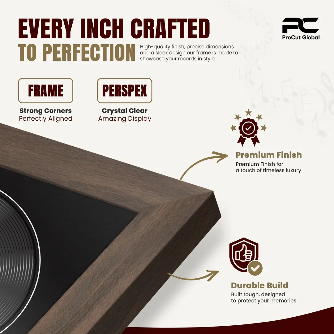 30x17" Modern Sleek Walnut Vinyl Record Frame With Black Mount | For 12" LP Cover and Disc Side By Side Display thumbnail 7