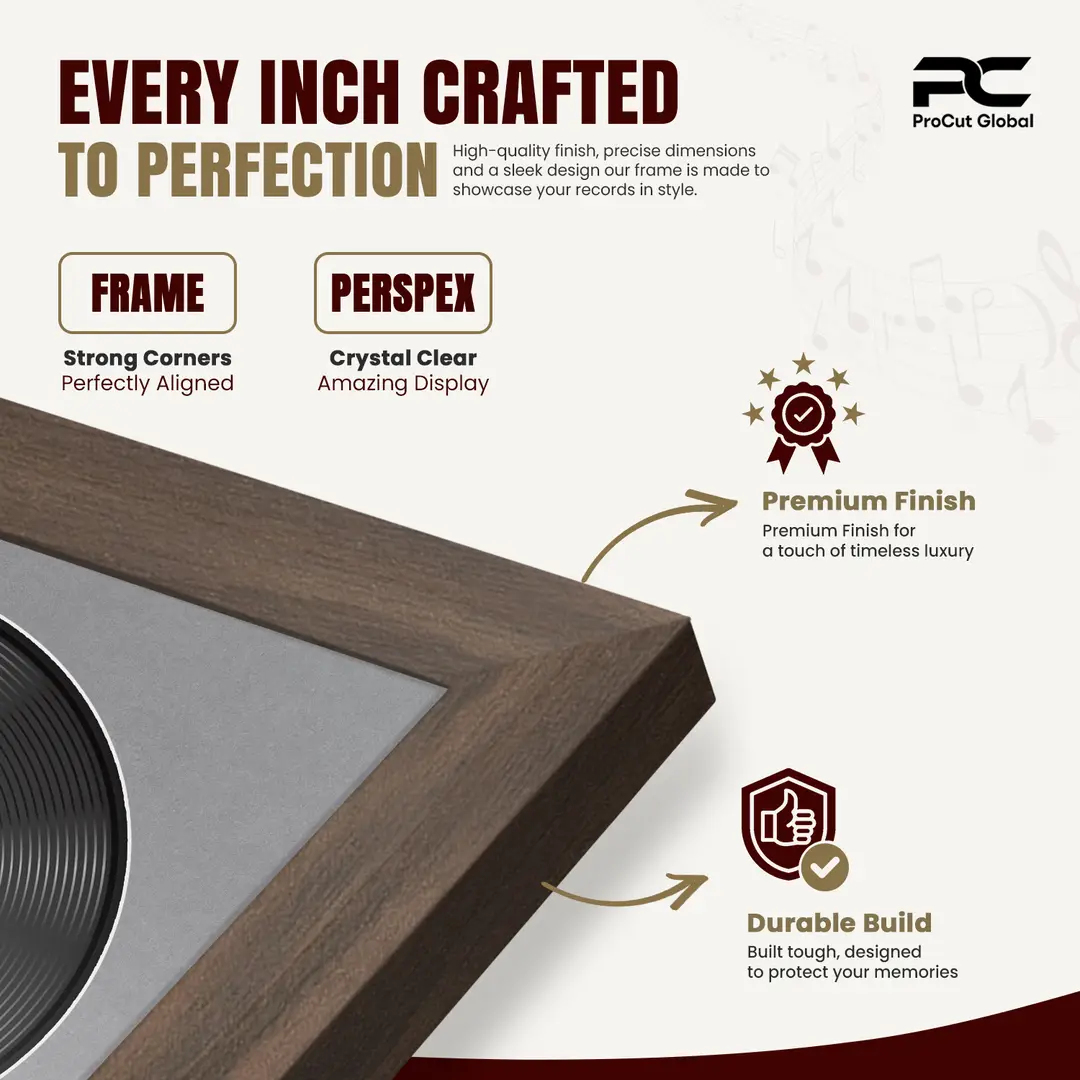 30x17" Modern Sleek Walnut Vinyl Record Frame With Mid Grey Mount | Displays 12" LP Cover & Disc Side by Side thumbnail 7