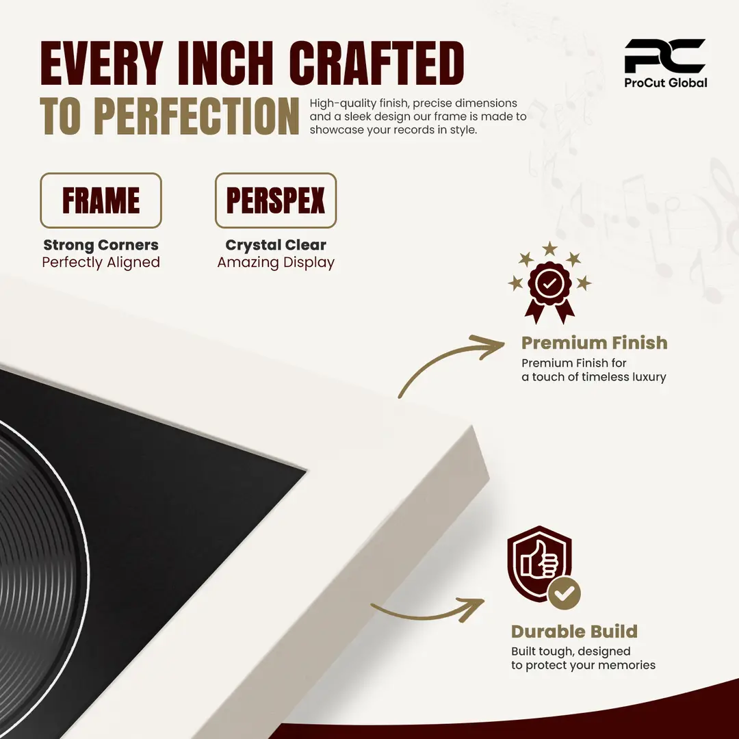 30x17" Modern Sleek White Vinyl Record Frame With Black Mount | For 12" LP Cover and Disc Side By Side Display thumbnail 7