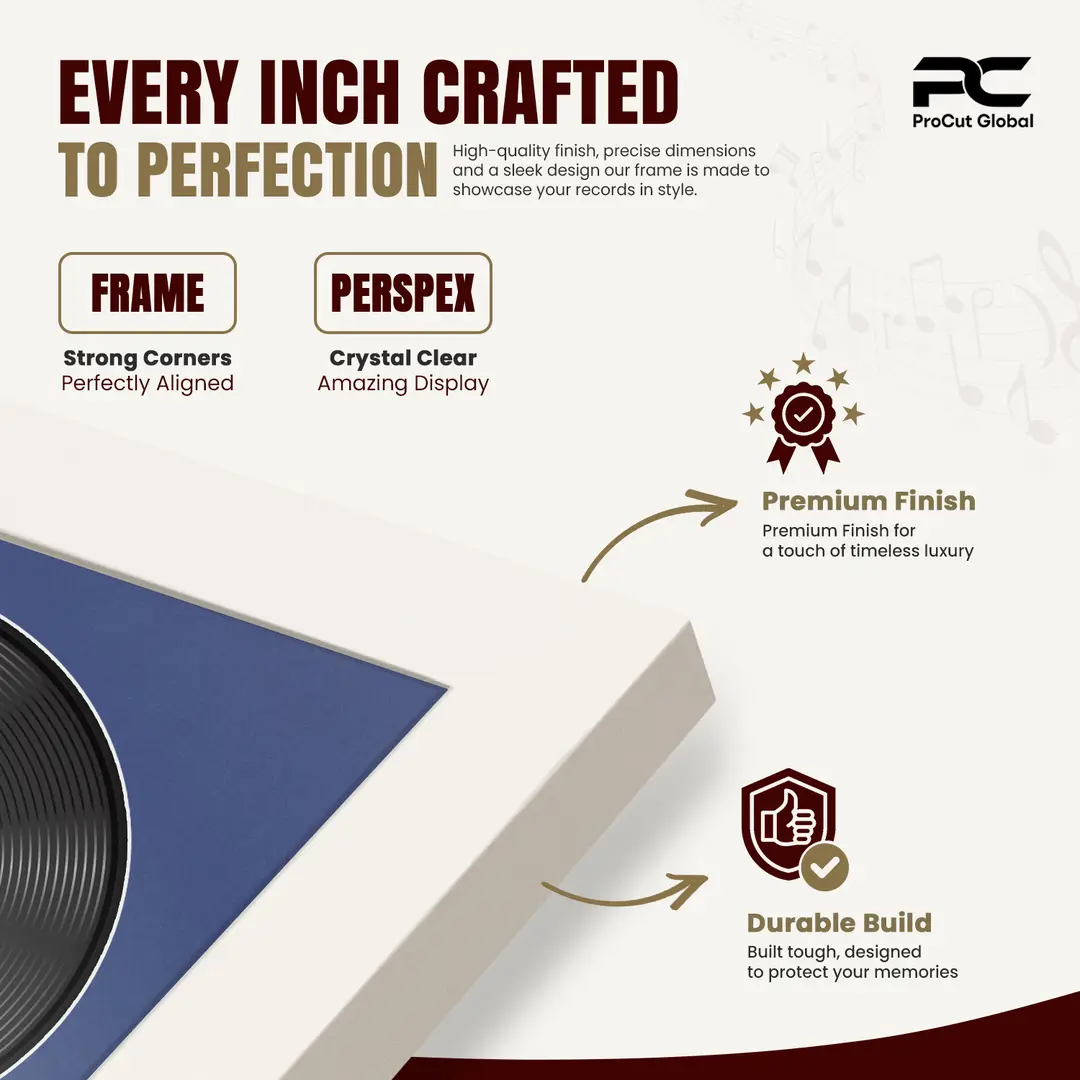 30x17" Modern Sleek White Vinyl Record Frame With Blue Mount | For 12" LP Cover and Disc Side By Side Display thumbnail 7